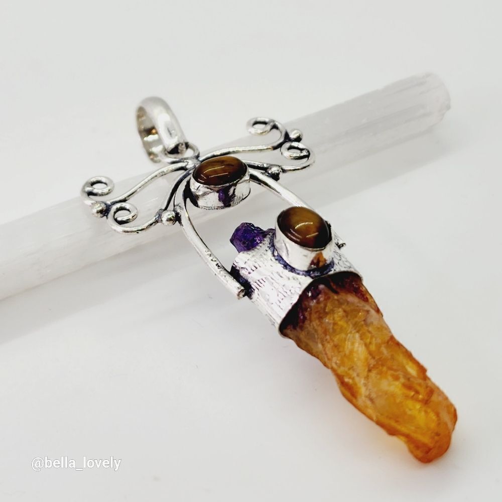 Unique! Bi-Color Tourmaline Tiger Eye Ethnic Handmade Pendant Jewelry 3" - Picture 3 of 6